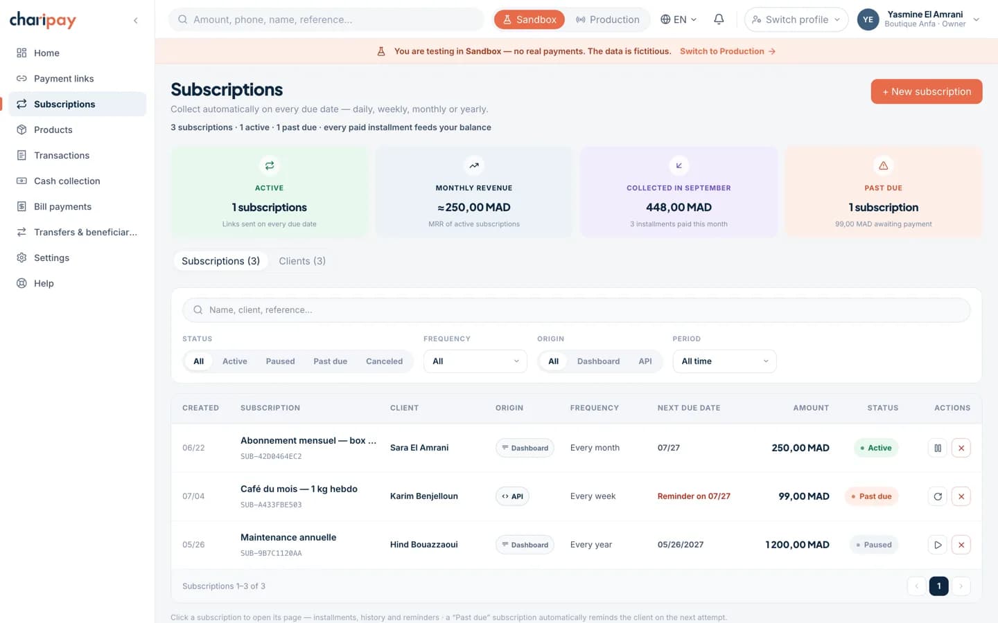 ChariPay portal “Subscriptions” screen: the list of active subscriptions, their due dates and status.