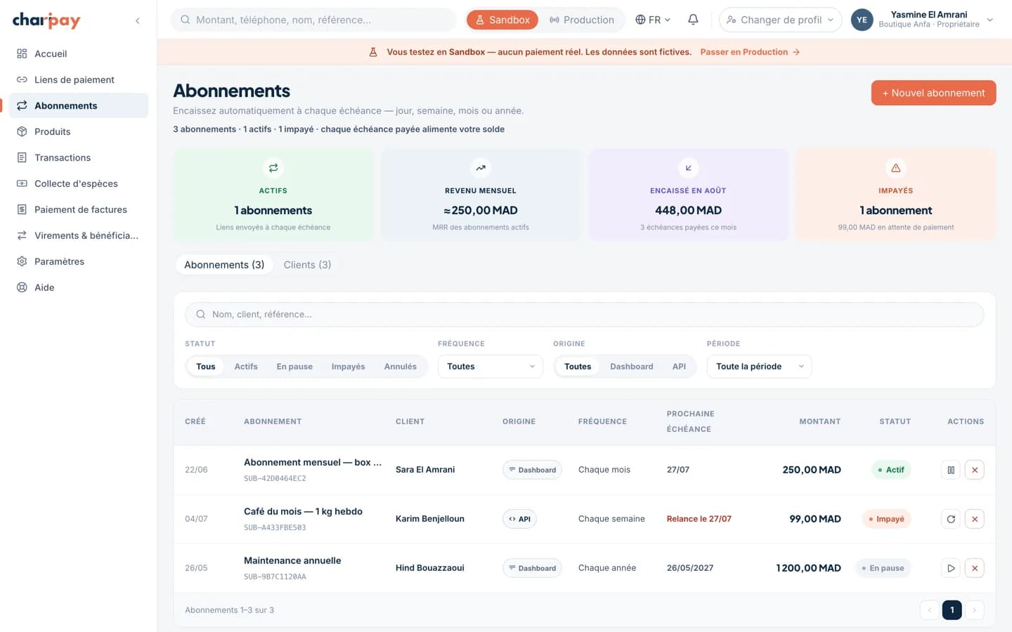 شاشة «الاشتراكات» في بوابة ChariPay: قائمة الاشتراكات النشطة واستحقاقاتها وحالاتها.