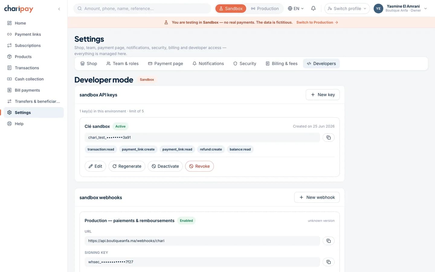 ChariPay portal developer space: API keys, webhook endpoints and the delivery log.