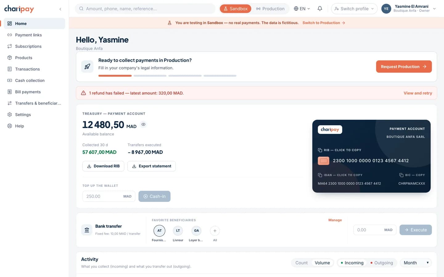 ChariPay portal dashboard: available balance, next payout and recent activity.