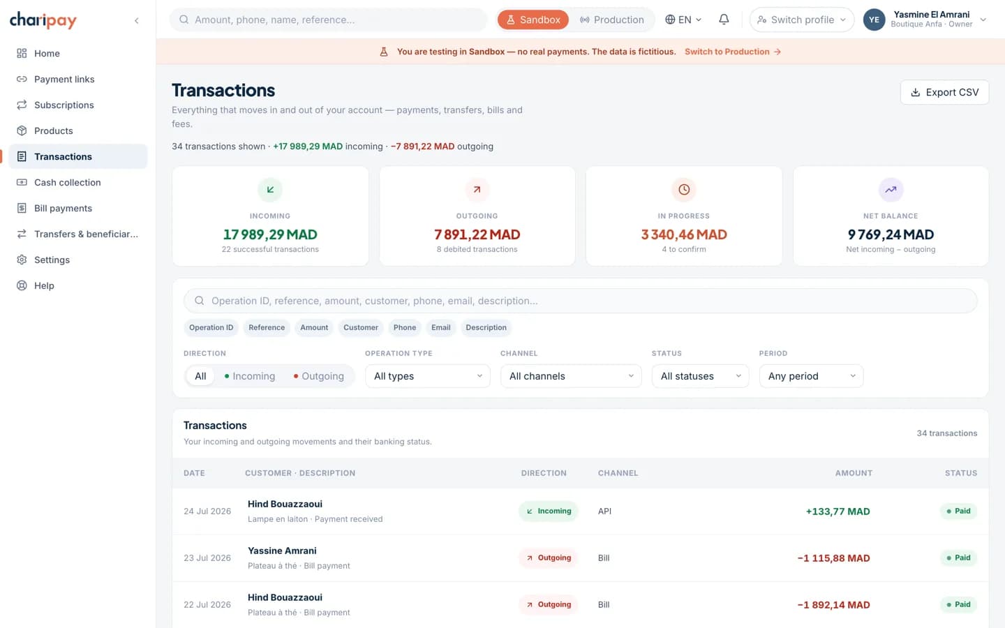 ChariPay portal “Transactions” screen: incoming, outgoing, pending and net balance, then the operation list.