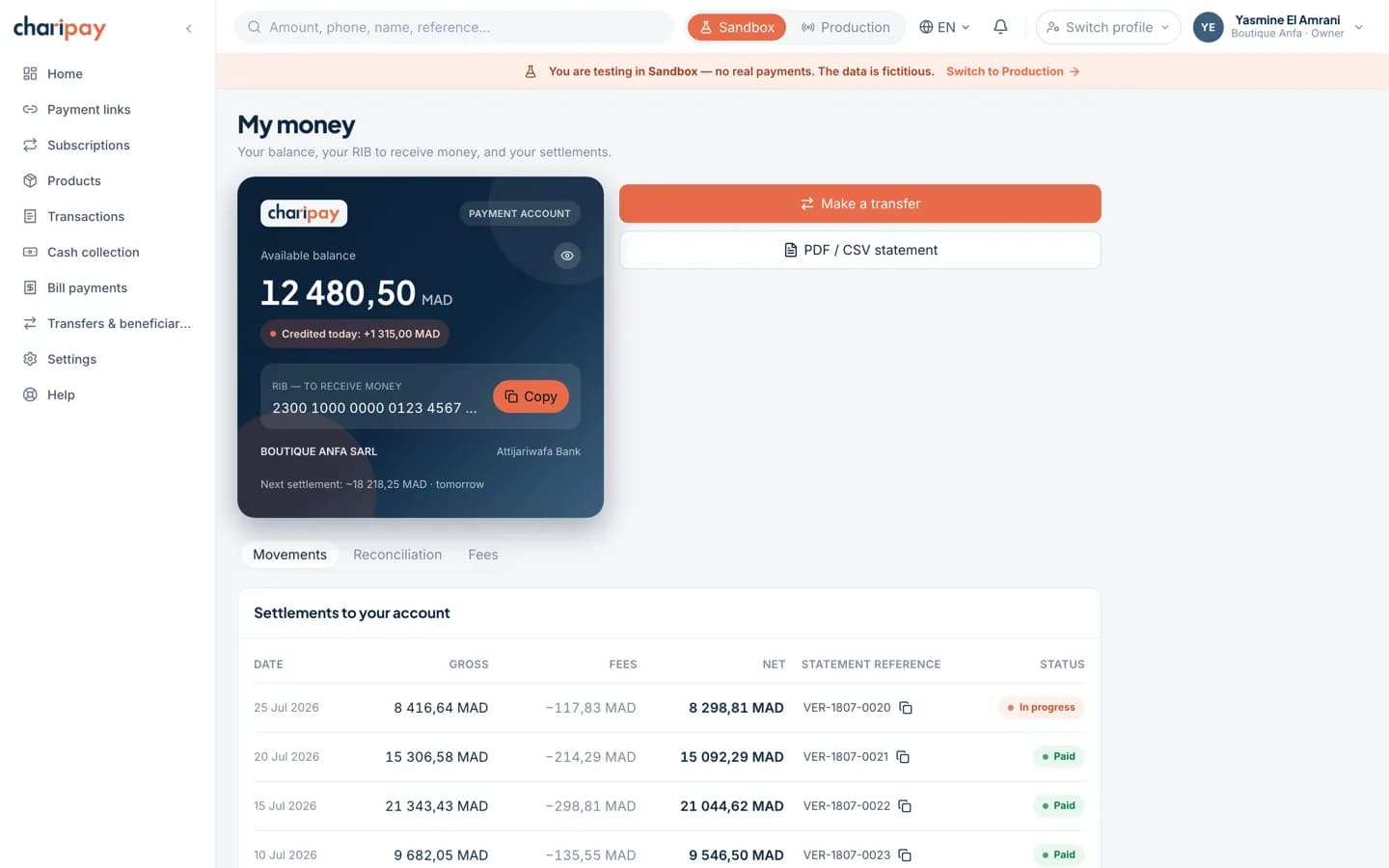 ChariPay portal “My money” screen: available balance, account RIB and payout history.